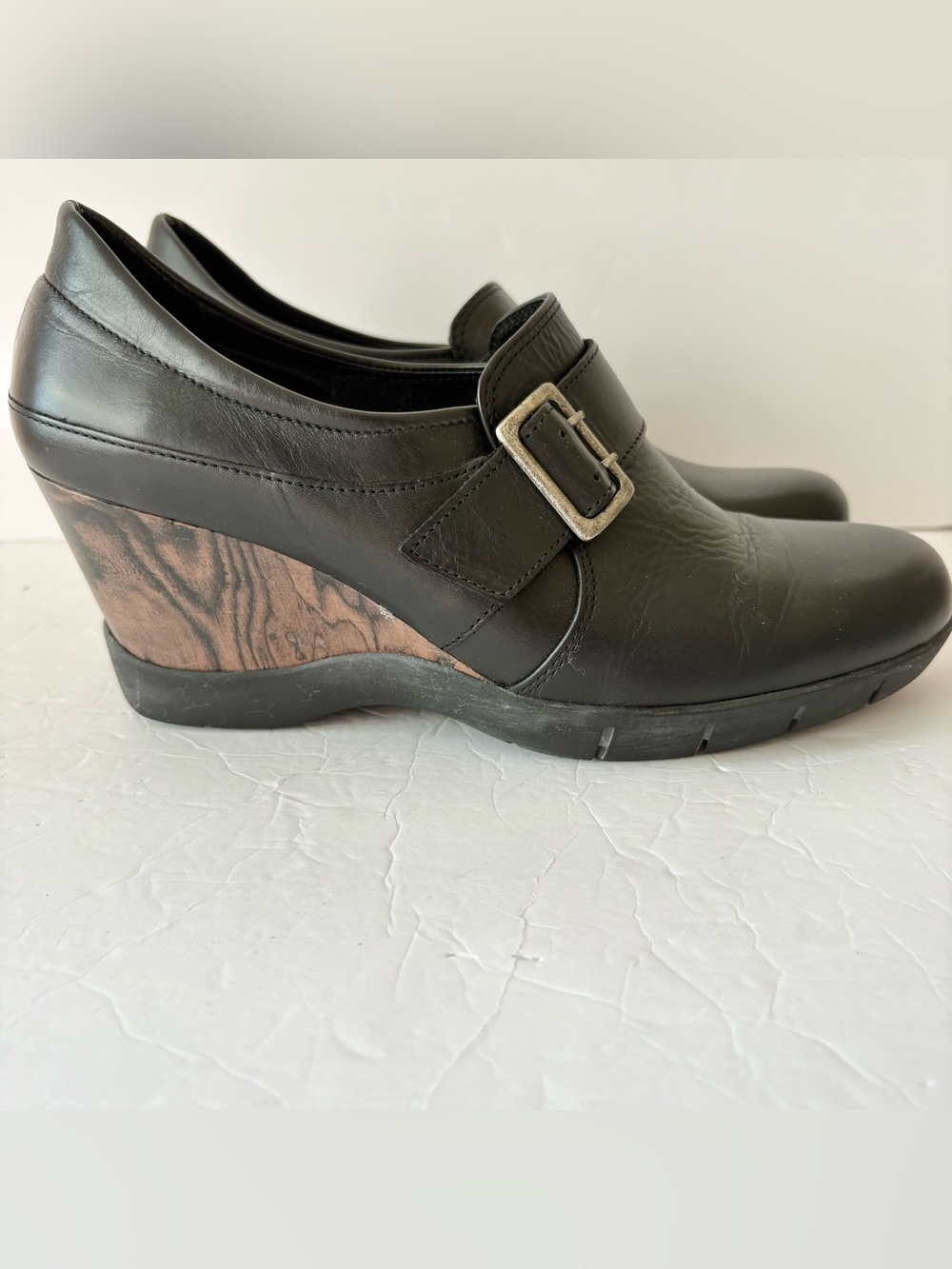 Sanita‎ Maralyn Black Leather Wedge Pump Heels Buckle Slip On Shoes